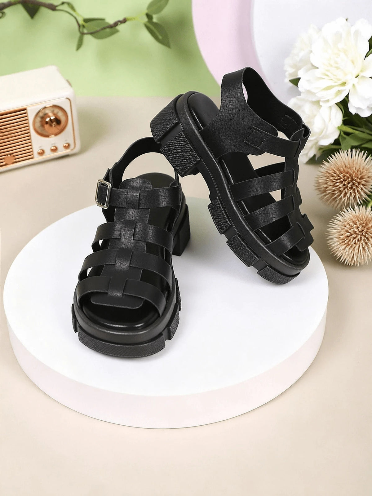 1 Pair Black Gladiator Chunky Sole Kids Sandals,2026 New Summer Unisex Platform Sandals,Cool Street Style,For Daily,School,Beach,Holiday&Outdoor Wear