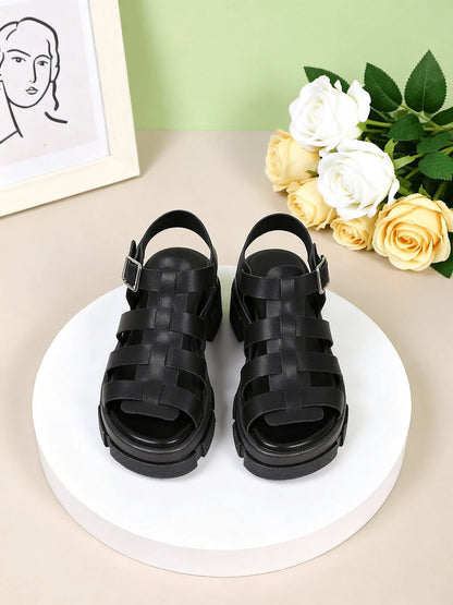1 Pair Black Gladiator Chunky Sole Kids Sandals,2026 New Summer Unisex Platform Sandals,Cool Street Style,For Daily,School,Beach,Holiday&Outdoor Wear
