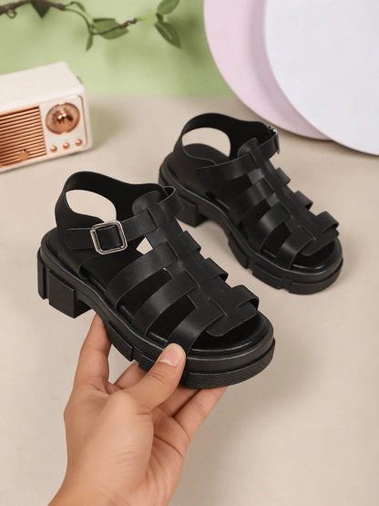 1 Pair Black Gladiator Chunky Sole Kids Sandals,2026 New Summer Unisex Platform Sandals,Cool Street Style,For Daily,School,Beach,Holiday&Outdoor Wear