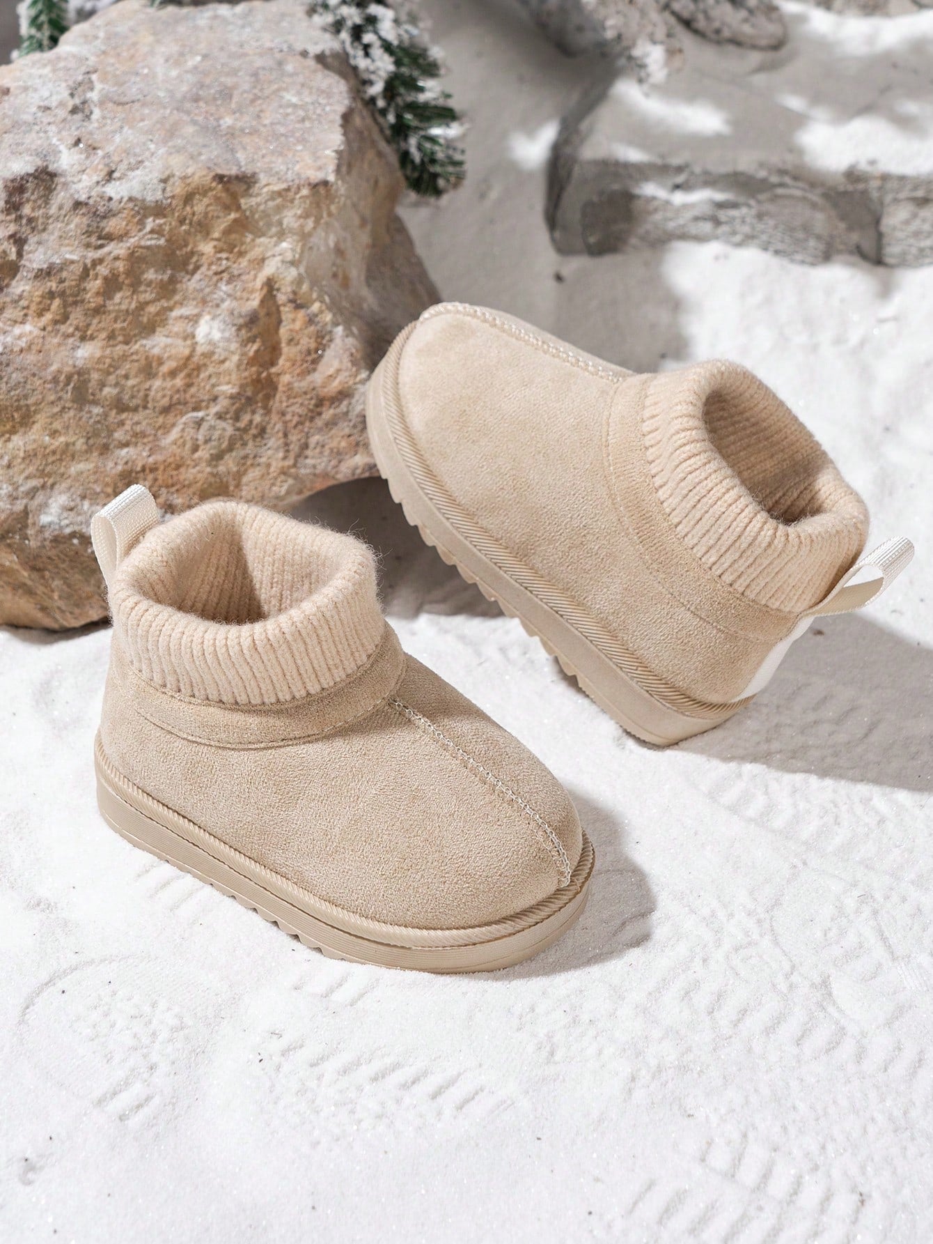 1 Pair Kids Knitted Collar Snow Boots, Winter New Style Anti-Slip Baby Warm Boots, Classic Maillard Short Tube Snow Boots For Boys And Girls