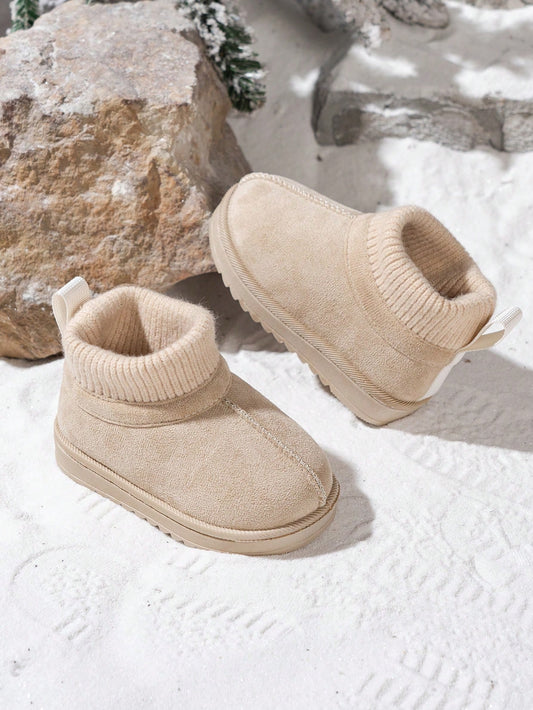 1 Pair Kids Knitted Collar Snow Boots, Winter New Style Anti-Slip Baby Warm Boots, Classic Maillard Short Tube Snow Boots For Boys And Girls