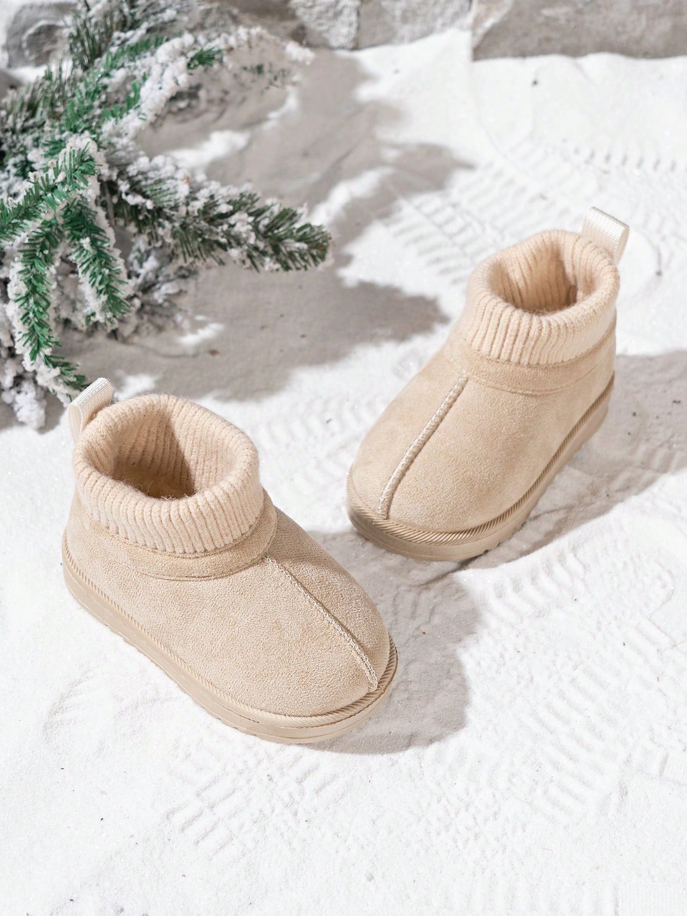 1 Pair Kids Knitted Collar Snow Boots, Winter New Style Anti-Slip Baby Warm Boots, Classic Maillard Short Tube Snow Boots For Boys And Girls