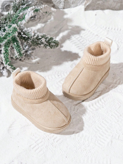 1 Pair Kids Knitted Collar Snow Boots, Winter New Style Anti-Slip Baby Warm Boots, Classic Maillard Short Tube Snow Boots For Boys And Girls