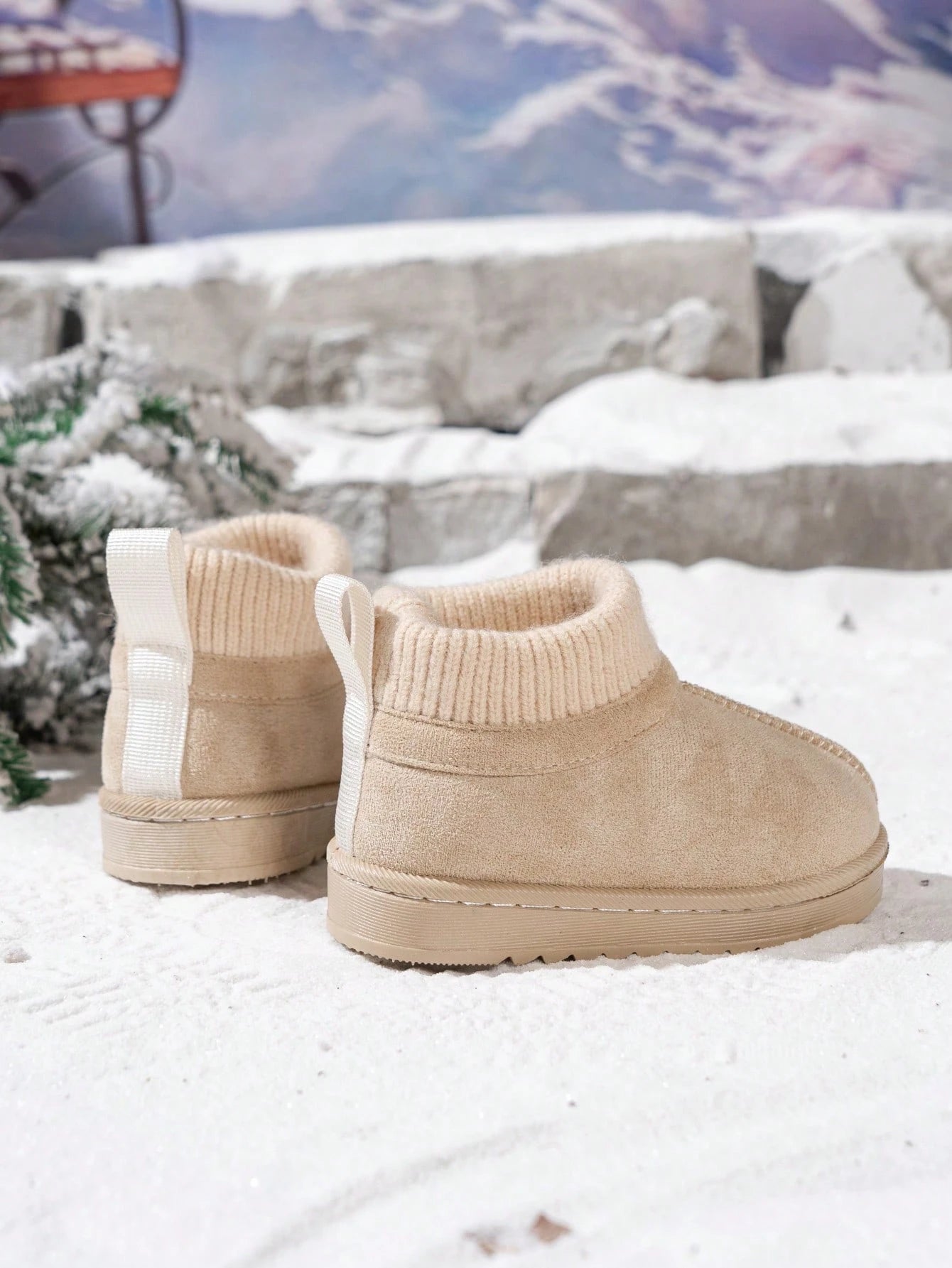 1 Pair Kids Knitted Collar Snow Boots, Winter New Style Anti-Slip Baby Warm Boots, Classic Maillard Short Tube Snow Boots For Boys And Girls