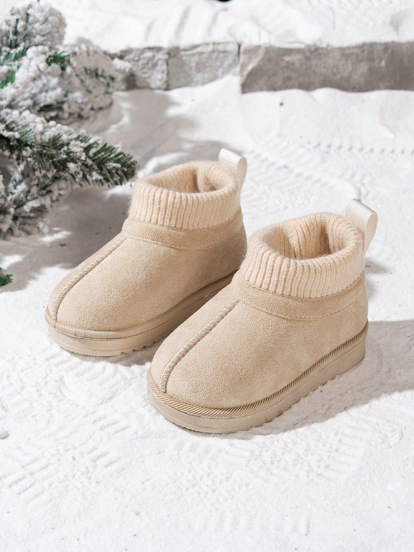 1 Pair Kids Knitted Collar Snow Boots, Winter New Style Anti-Slip Baby Warm Boots, Classic Maillard Short Tube Snow Boots For Boys And Girls