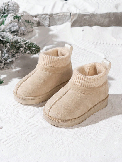 1 Pair Kids Knitted Collar Snow Boots, Winter New Style Anti-Slip Baby Warm Boots, Classic Maillard Short Tube Snow Boots For Boys And Girls
