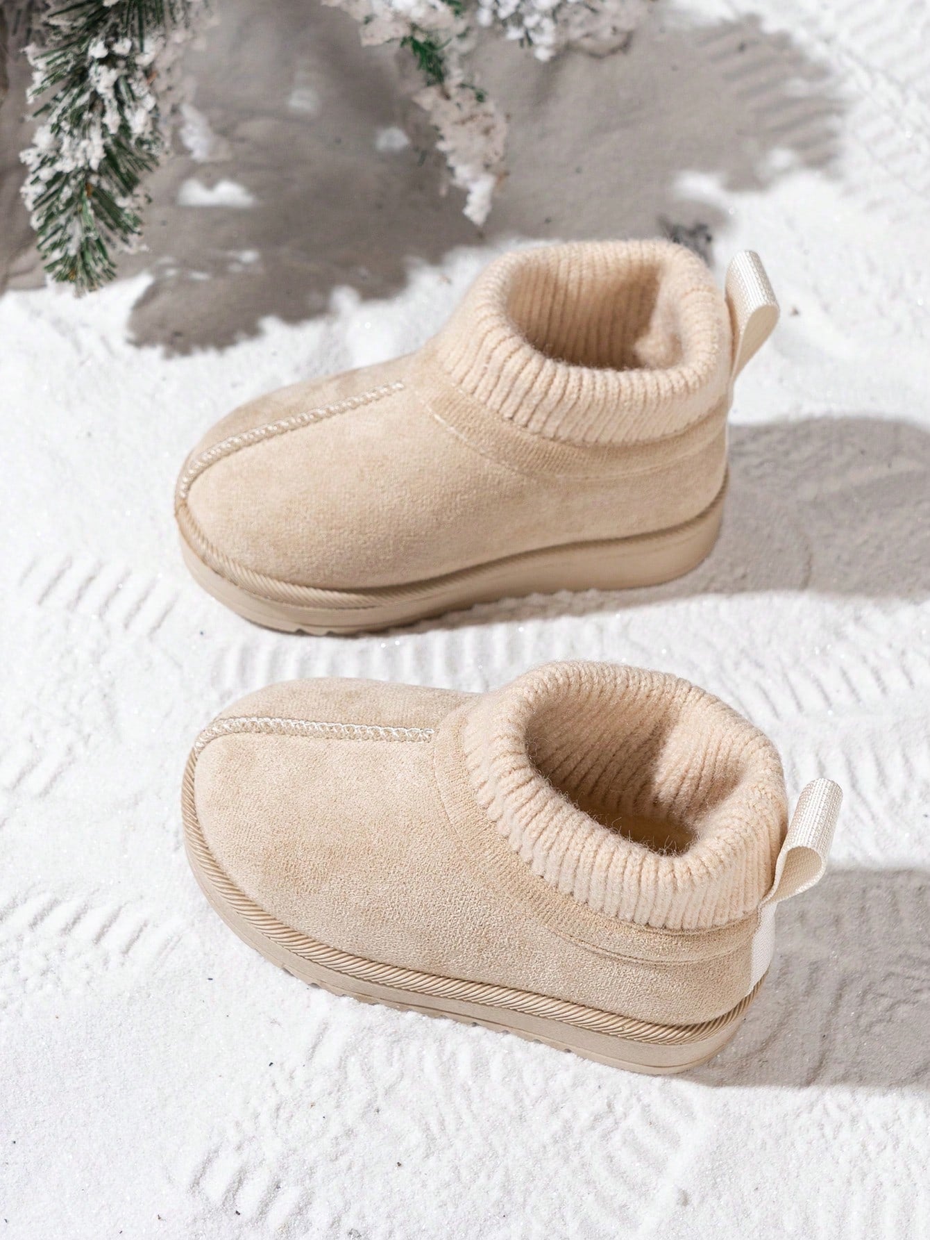 1 Pair Kids Knitted Collar Snow Boots, Winter New Style Anti-Slip Baby Warm Boots, Classic Maillard Short Tube Snow Boots For Boys And Girls