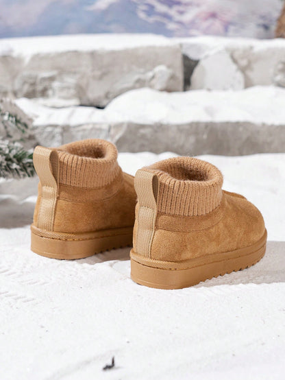 1 Pair Kids Knitted Collar Snow Boots, Winter New Style Anti-Slip Baby Warm Boots, Classic Maillard Short Tube Snow Boots For Boys And Girls