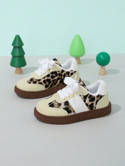 1 Pair New Leopard Print Patchwork Lace-Up Sneakers For Baby Boys And Girls, Casual Flat Shoes, Comfortable Lightweight Everyday Versatile