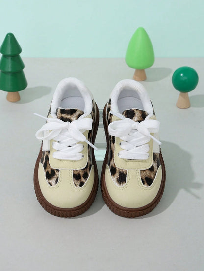 1 Pair New Leopard Print Patchwork Lace-Up Sneakers For Baby Boys And Girls, Casual Flat Shoes, Comfortable Lightweight Everyday Versatile