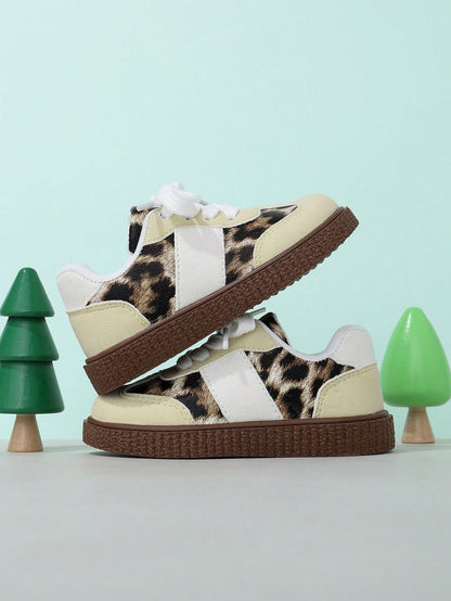 1 Pair New Leopard Print Patchwork Lace-Up Sneakers For Baby Boys And Girls, Casual Flat Shoes, Comfortable Lightweight Everyday Versatile