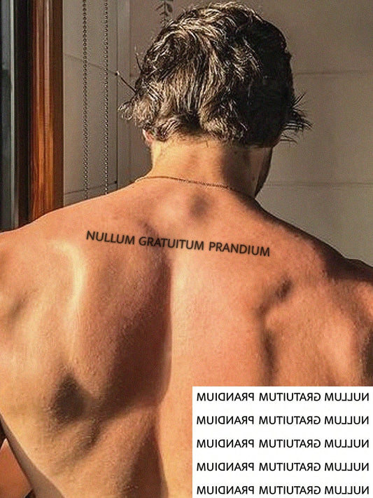 1 PC Men's Latin Letter Temporary Tattoo Stickers, Classic Text "NULLUM GRATUITUM PRANDIUM" Black Font Waterproof Body Tattoos For Forearm Wrist Rib Arm Decor, Text Tattoo Per Sheet