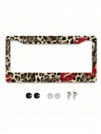 1 Piece 12.2 X 6.3inch, Metal License Plate Frame, Featuring A Fun Leopard Print Design With A Bright Red Lipstick Print As A Highlight, Perfect For Injecting Fashion And Personality Into Your Car,Ca