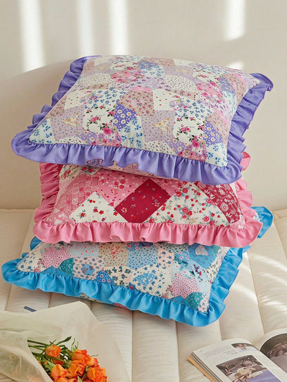 1 Piece, Retro Patchwork Ruffle Edge Pillow Cover, Ambient Flower Cushion Cover, Sofa Bedroom Home Decoration 30 * 50cm/45 * 45cm 3 Optional