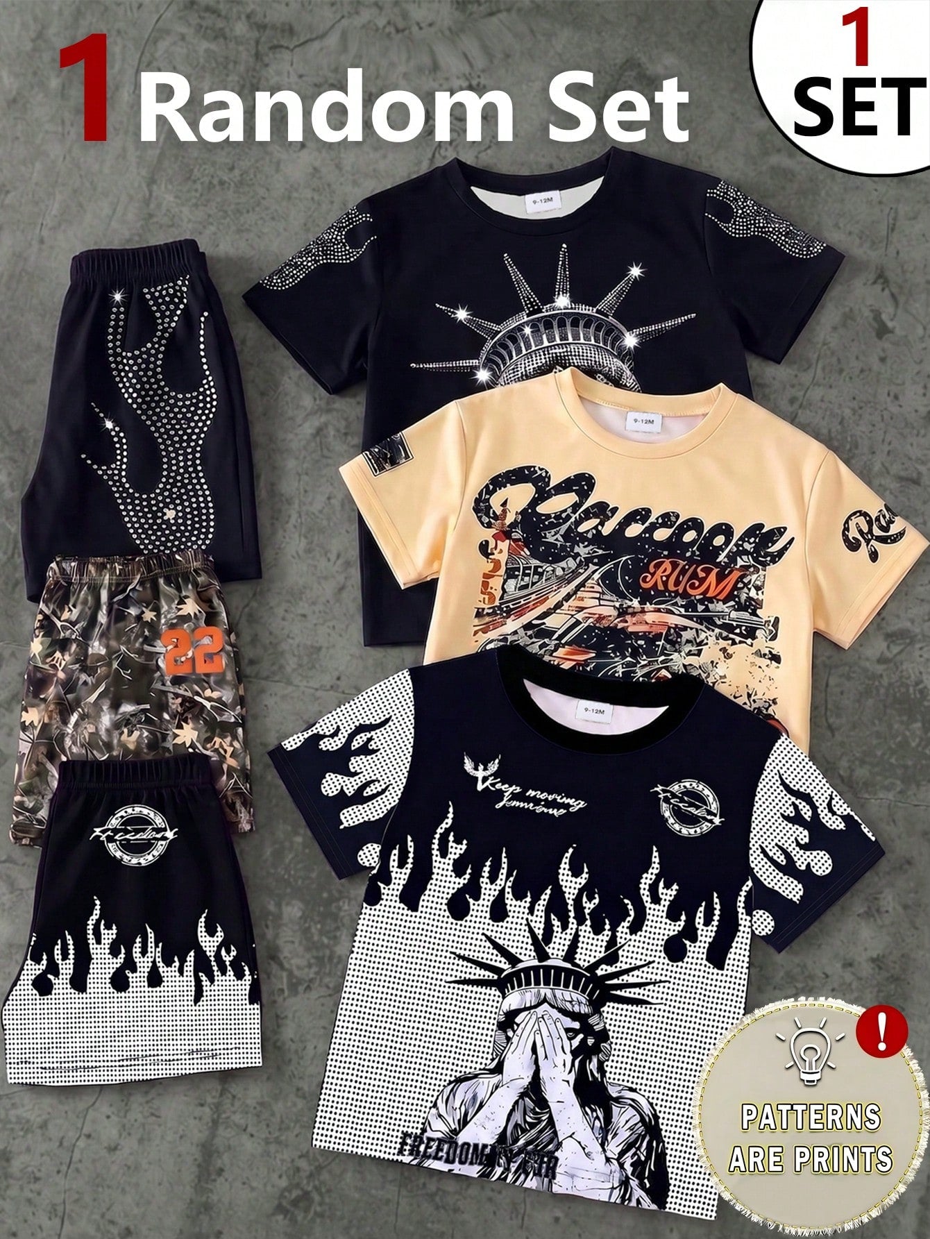 1 Random Set,, Street Fashion Cool Statue Of Liberty Graphic English Print T-Shirt And Matching Shorts Set, Suitable For Summer Outings