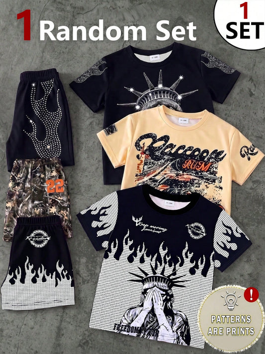 1 Random Set,, Street Fashion Cool Statue Of Liberty Graphic English Print T-Shirt And Matching Shorts Set, Suitable For Summer Outings