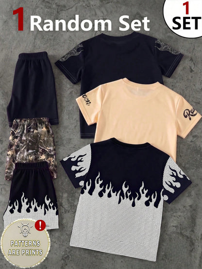 1 Random Set,, Street Fashion Cool Statue Of Liberty Graphic English Print T-Shirt And Matching Shorts Set, Suitable For Summer Outings