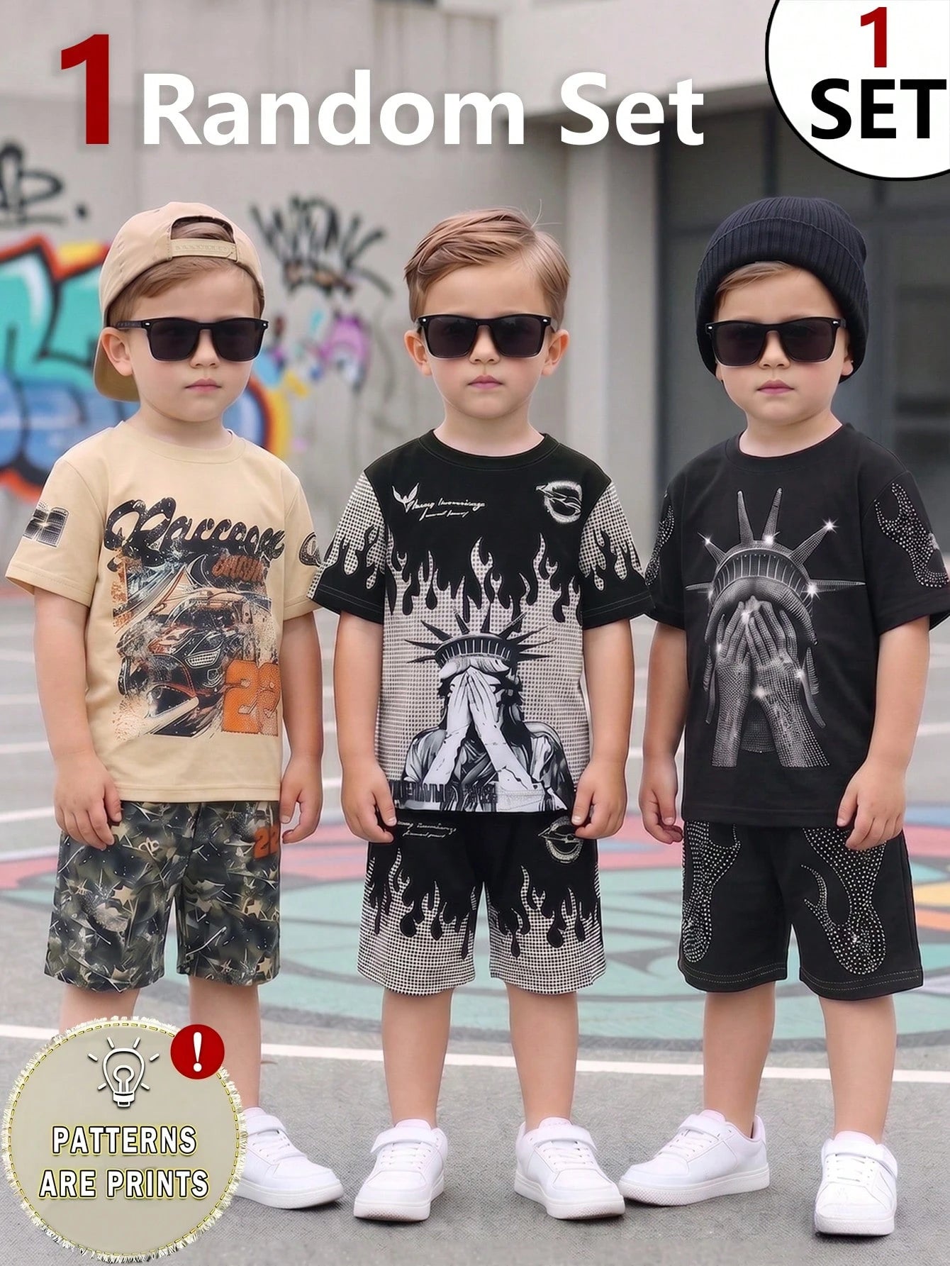 1 Random Set,, Street Fashion Cool Statue Of Liberty Graphic English Print T-Shirt And Matching Shorts Set, Suitable For Summer Outings