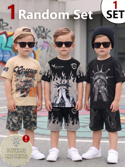 1 Random Set,, Street Fashion Cool Statue Of Liberty Graphic English Print T-Shirt And Matching Shorts Set, Suitable For Summer Outings