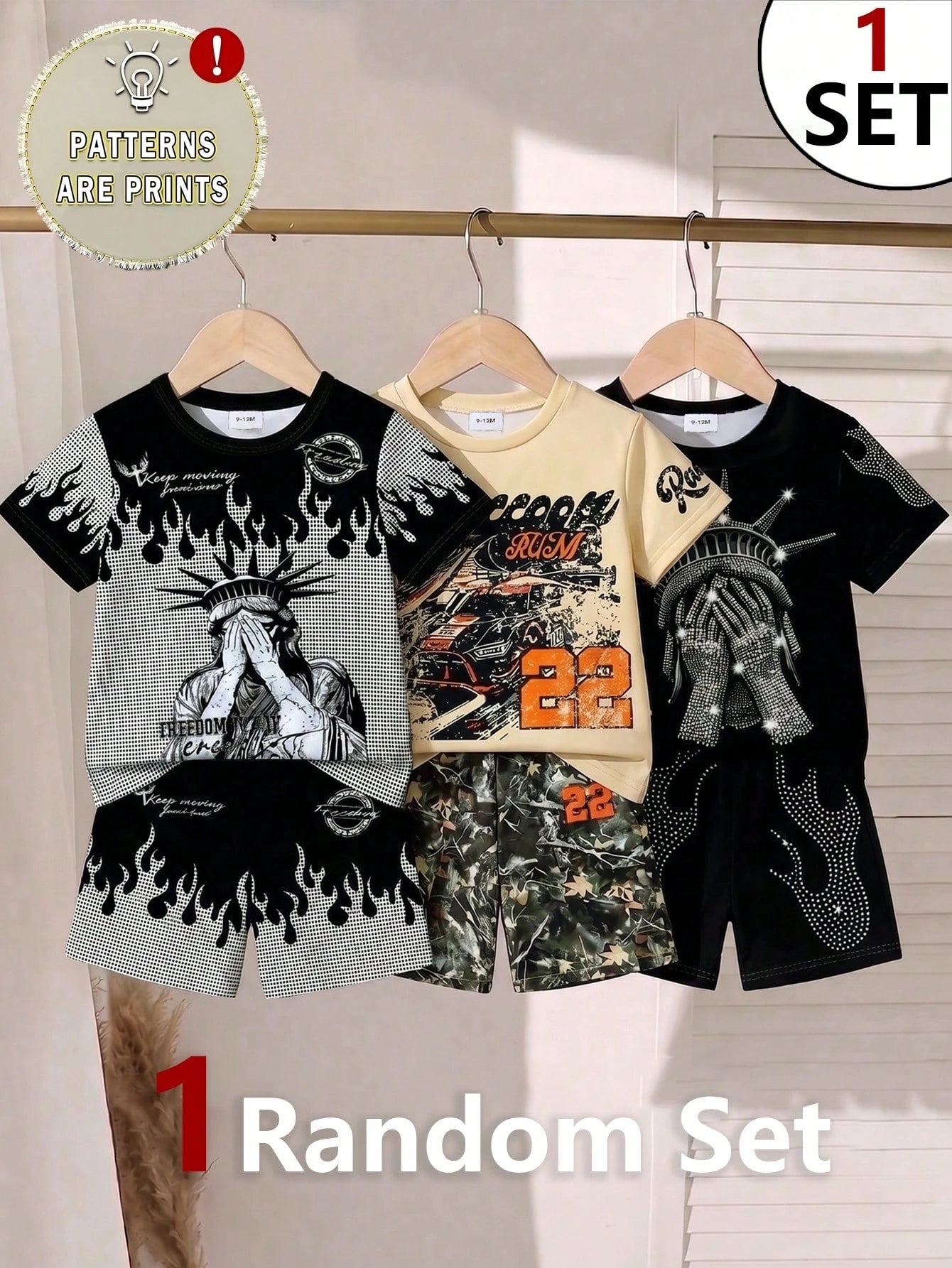 1 Random Set,, Street Fashion Cool Statue Of Liberty Graphic English Print T-Shirt And Matching Shorts Set, Suitable For Summer Outings