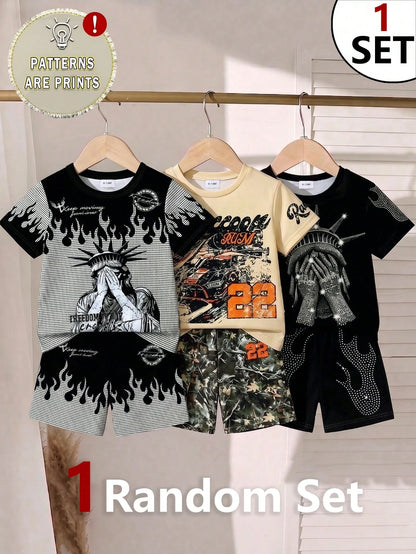 1 Random Set,, Street Fashion Cool Statue Of Liberty Graphic English Print T-Shirt And Matching Shorts Set, Suitable For Summer Outings