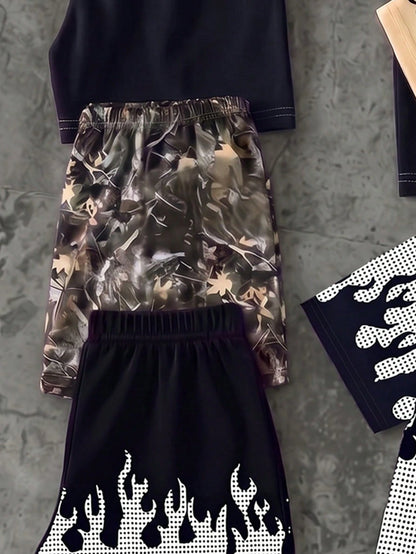1 Random Set,, Street Fashion Cool Statue Of Liberty Graphic English Print T-Shirt And Matching Shorts Set, Suitable For Summer Outings