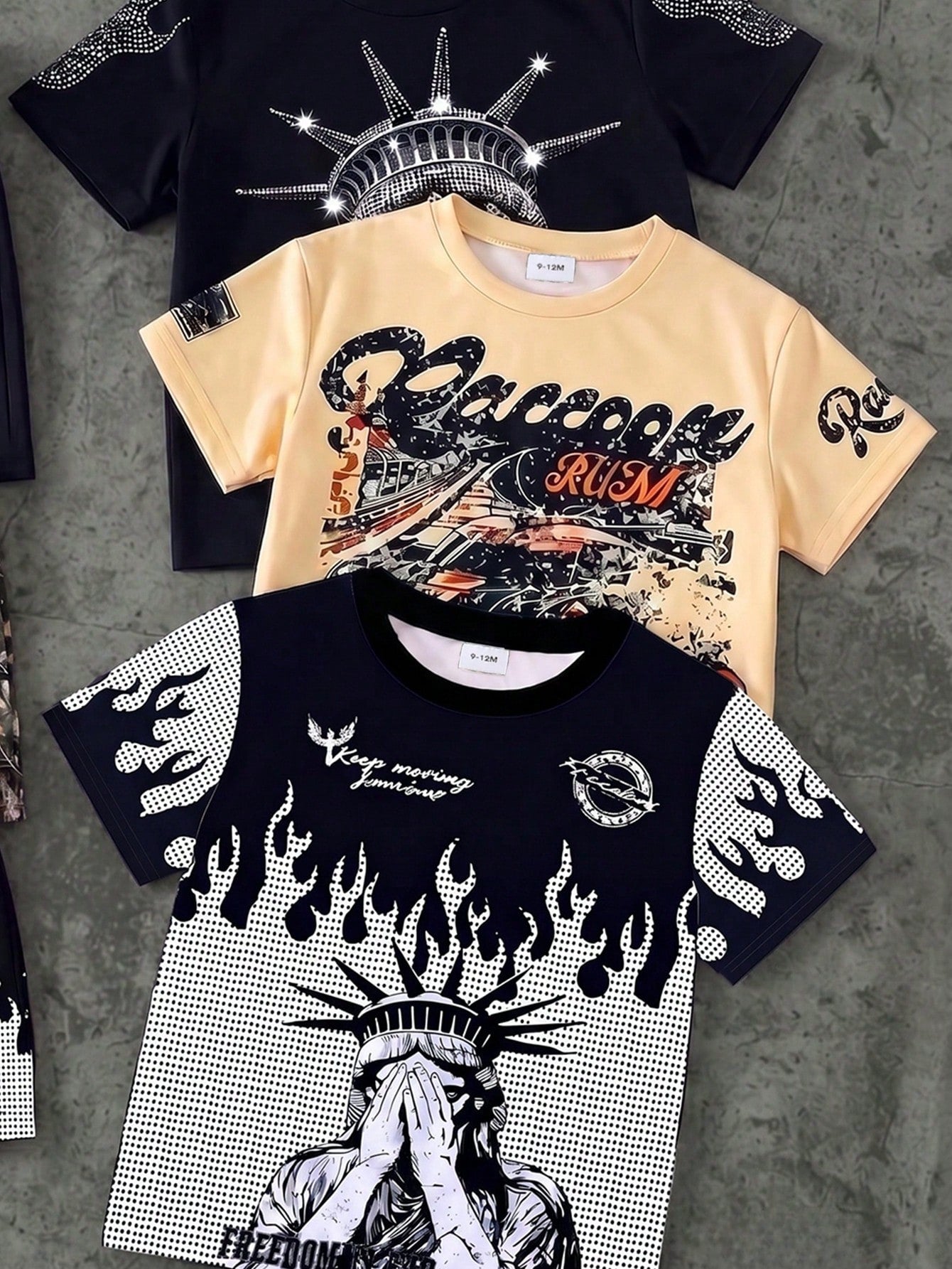 1 Random Set,, Street Fashion Cool Statue Of Liberty Graphic English Print T-Shirt And Matching Shorts Set, Suitable For Summer Outings
