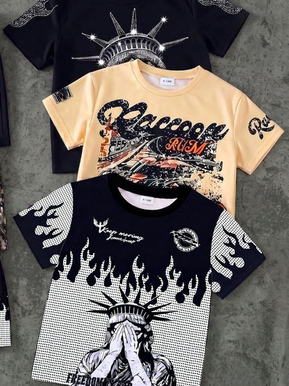 1 Random Set,, Street Fashion Cool Statue Of Liberty Graphic English Print T-Shirt And Matching Shorts Set, Suitable For Summer Outings