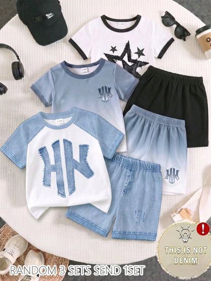 1 Random Set,, Street Fashion Cool Statue Of Liberty Graphic English Print T-Shirt And Matching Shorts Set, Suitable For Summer Outings
