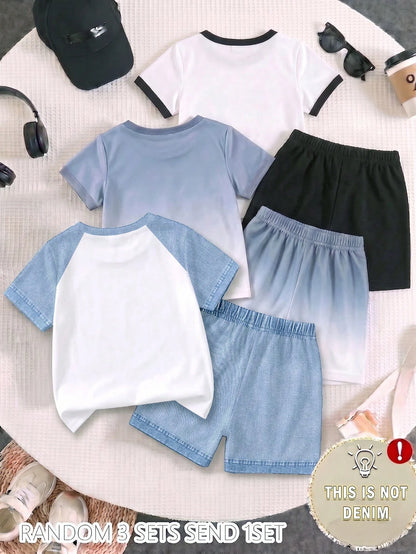 1 Random Set,, Street Fashion Cool Statue Of Liberty Graphic English Print T-Shirt And Matching Shorts Set, Suitable For Summer Outings