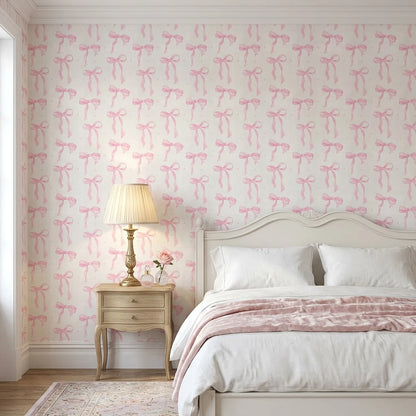 1 Roll 44.5cm Pink Bow Removable Waterproof Wallpaper, Cute Watercolor Bow Series, Suitable For Furniture Renovation, Nursery, Dorm, Daycare And Other Home Decor