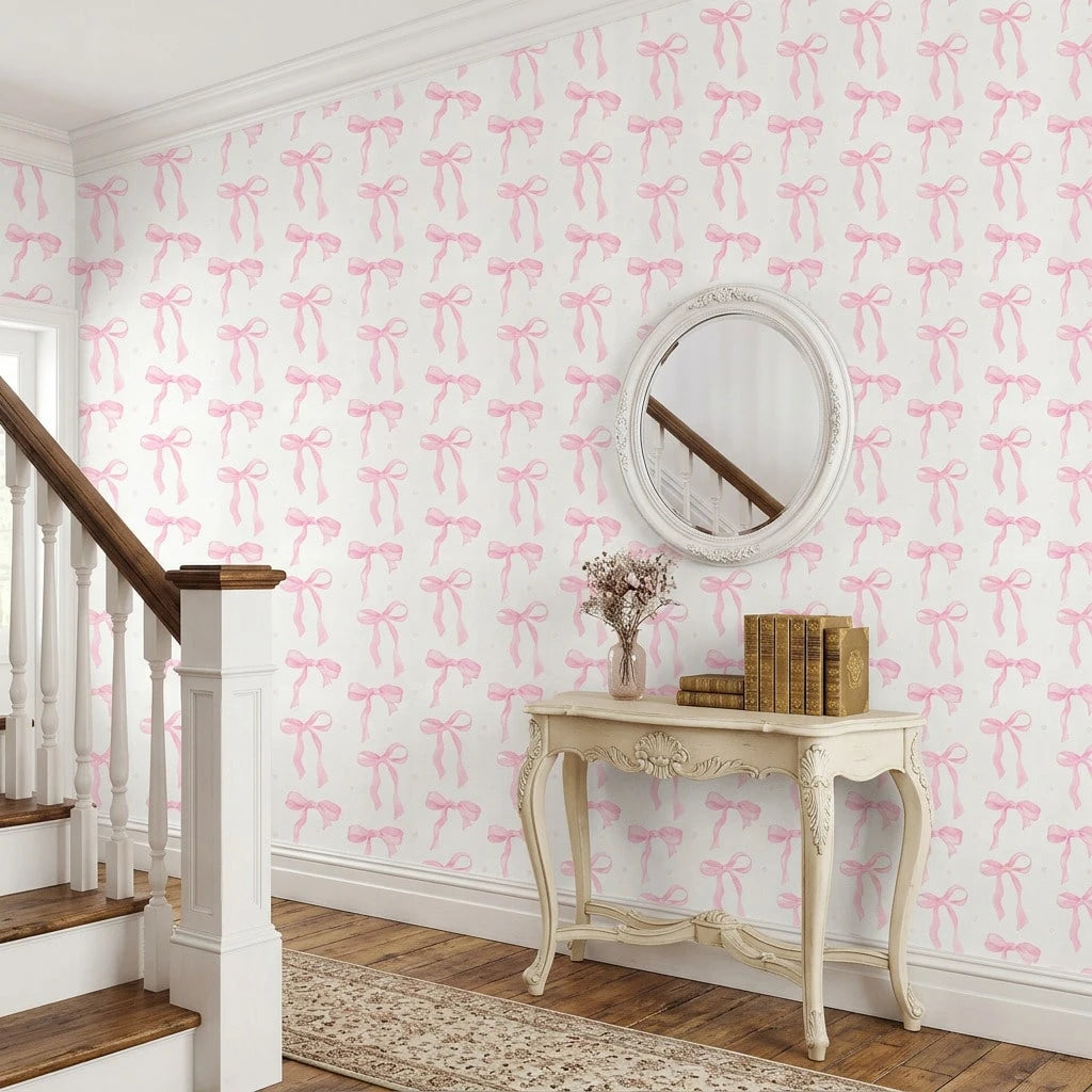 1 Roll 44.5cm Pink Bow Removable Waterproof Wallpaper, Cute Watercolor Bow Series, Suitable For Furniture Renovation, Nursery, Dorm, Daycare And Other Home Decor