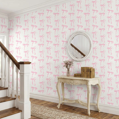 1 Roll 44.5cm Pink Bow Removable Waterproof Wallpaper, Cute Watercolor Bow Series, Suitable For Furniture Renovation, Nursery, Dorm, Daycare And Other Home Decor