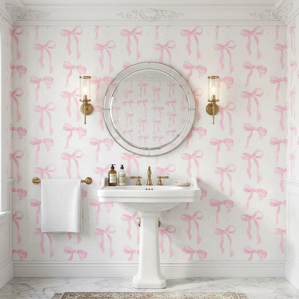 1 Roll 44.5cm Pink Bow Removable Waterproof Wallpaper, Cute Watercolor Bow Series, Suitable For Furniture Renovation, Nursery, Dorm, Daycare And Other Home Decor