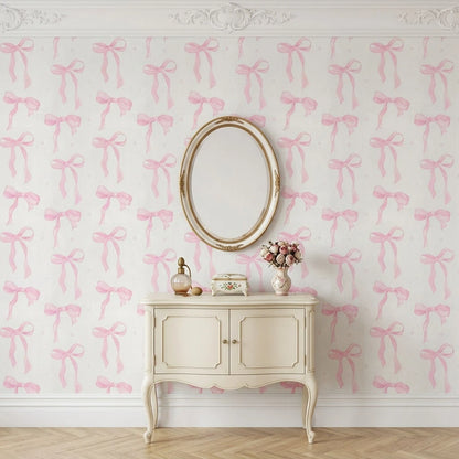 1 Roll 44.5cm Pink Bow Removable Waterproof Wallpaper, Cute Watercolor Bow Series, Suitable For Furniture Renovation, Nursery, Dorm, Daycare And Other Home Decor