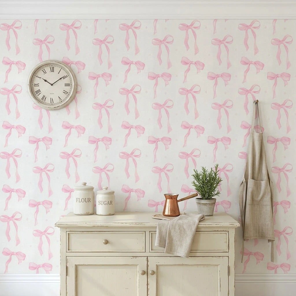 1 Roll 44.5cm Pink Bow Removable Waterproof Wallpaper, Cute Watercolor Bow Series, Suitable For Furniture Renovation, Nursery, Dorm, Daycare And Other Home Decor