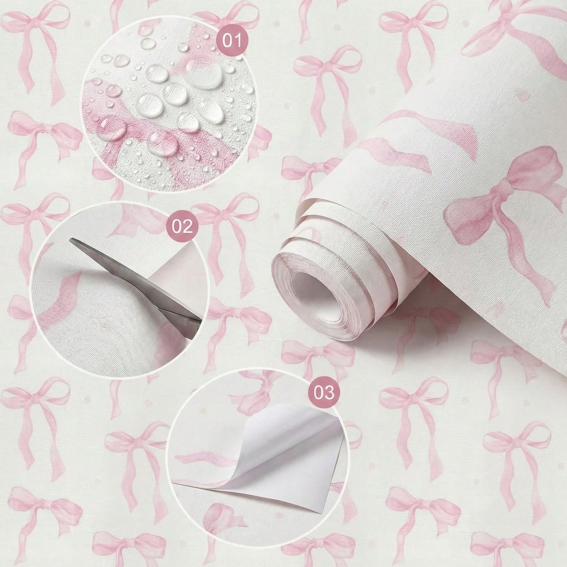 1 Roll 44.5cm Pink Bow Removable Waterproof Wallpaper, Cute Watercolor Bow Series, Suitable For Furniture Renovation, Nursery, Dorm, Daycare And Other Home Decor