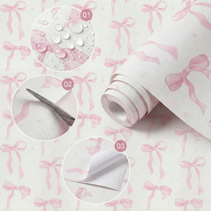 1 Roll 44.5cm Pink Bow Removable Waterproof Wallpaper, Cute Watercolor Bow Series, Suitable For Furniture Renovation, Nursery, Dorm, Daycare And Other Home Decor