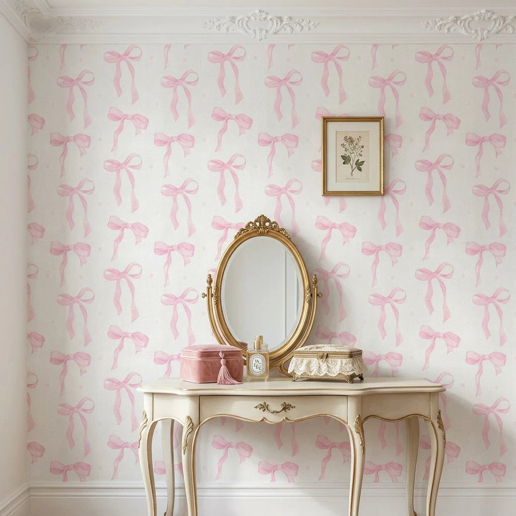1 Roll 44.5cm Pink Bow Removable Waterproof Wallpaper, Cute Watercolor Bow Series, Suitable For Furniture Renovation, Nursery, Dorm, Daycare And Other Home Decor