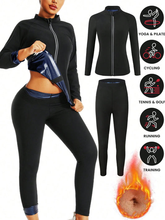 1 Set 2025 New Design Women Outdoor Running/Fitness Long Sleeve + Long Pants, Top + Bottoms Set, Zipper Design, Waist Training Fall