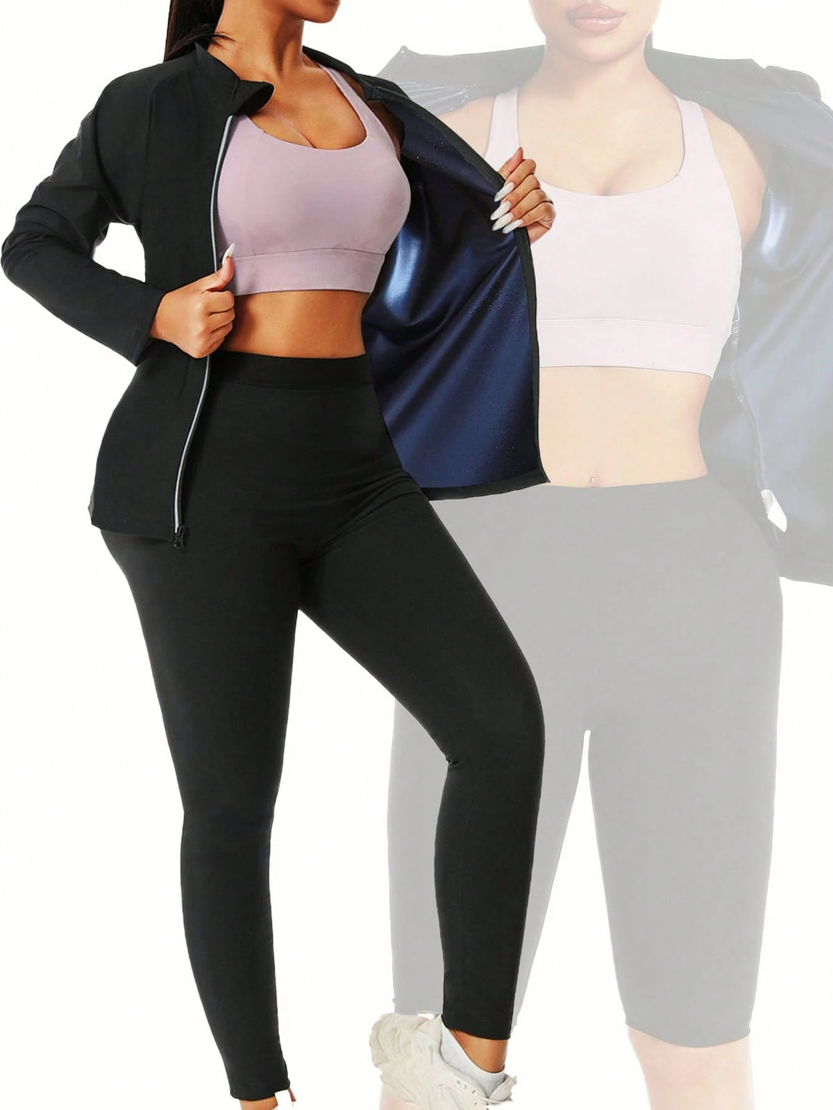 1 Set 2025 New Design Women Outdoor Running/Fitness Long Sleeve + Long Pants, Top + Bottoms Set, Zipper Design, Waist Training Fall