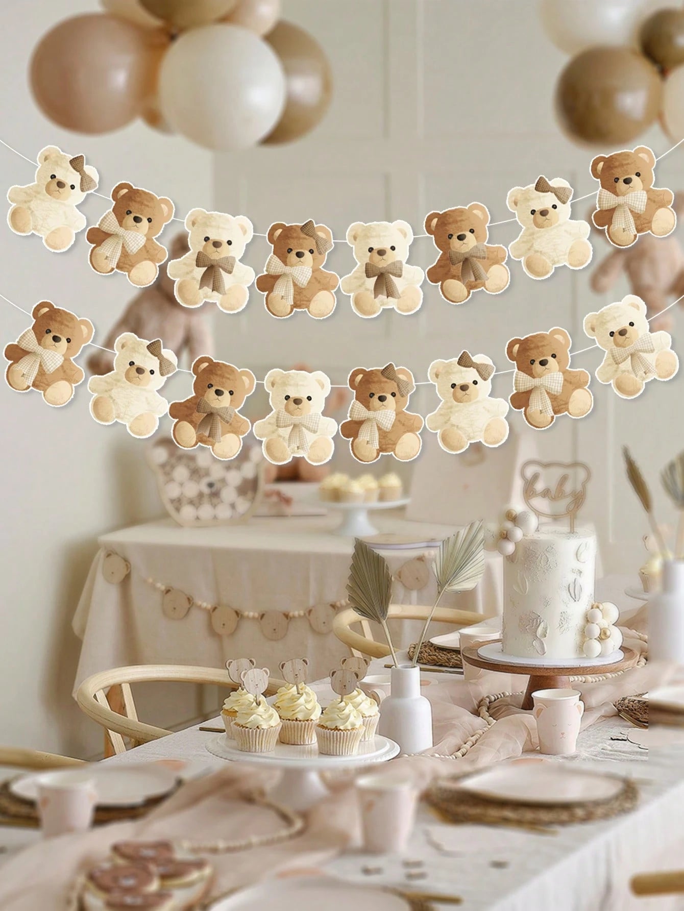 1 Set Brown Teddy Bear Birthday Banner, Cute Plush Bear Hanging Banner, Baby Shower Party Decor, Home Decor, Gender Reveal Backdrop, Baby Party Decoration, 1st Birthday Party Supplies, Baby Shower Gif