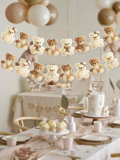 1 Set Brown Teddy Bear Birthday Banner, Cute Plush Bear Hanging Banner, Baby Shower Party Decor, Home Decor, Gender Reveal Backdrop, Baby Party Decoration, 1st Birthday Party Supplies, Baby Shower Gif