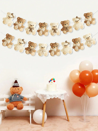 1 Set Brown Teddy Bear Birthday Banner, Cute Plush Bear Hanging Banner, Baby Shower Party Decor, Home Decor, Gender Reveal Backdrop, Baby Party Decoration, 1st Birthday Party Supplies, Baby Shower Gif