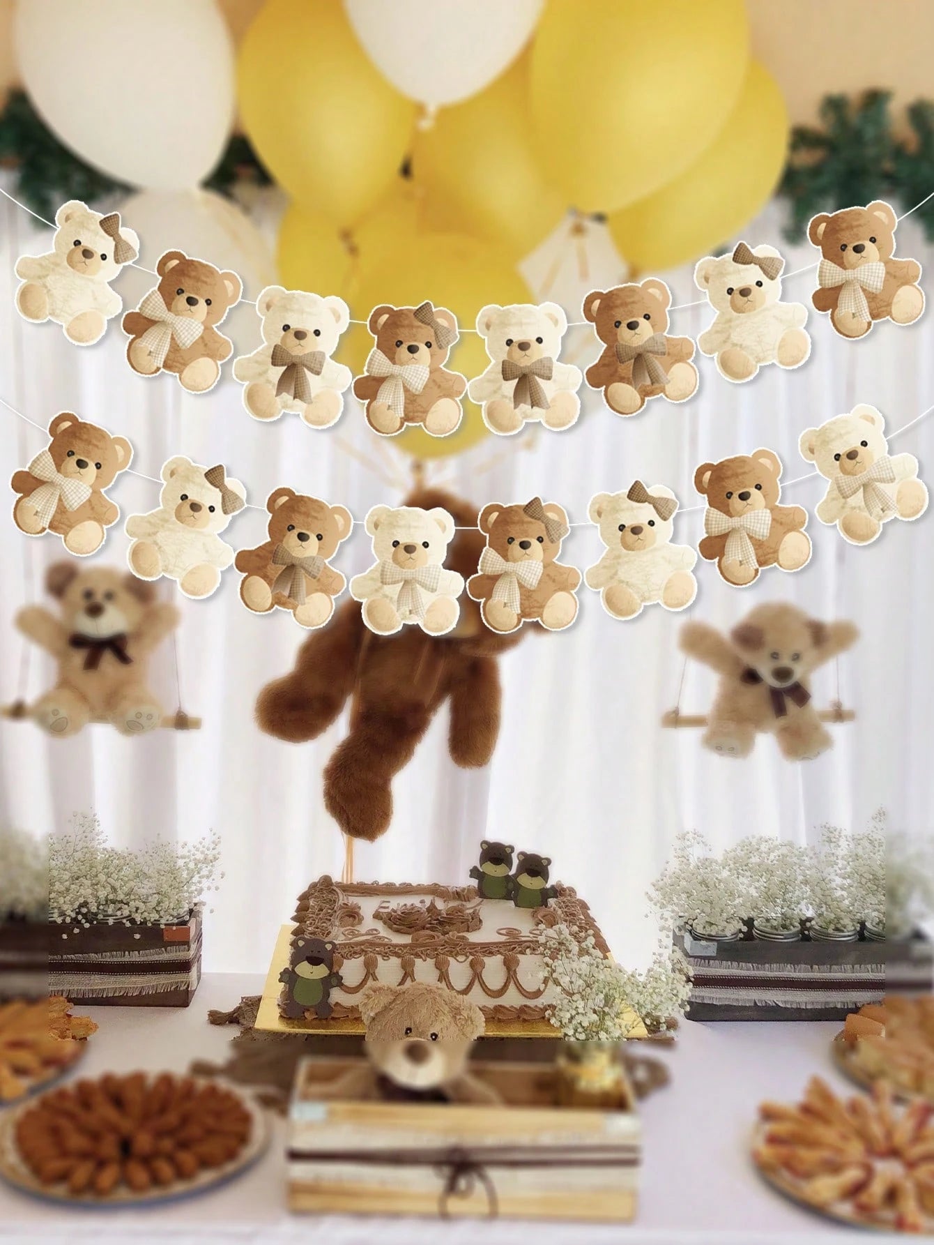 1 Set Brown Teddy Bear Birthday Banner, Cute Plush Bear Hanging Banner, Baby Shower Party Decor, Home Decor, Gender Reveal Backdrop, Baby Party Decoration, 1st Birthday Party Supplies, Baby Shower Gif