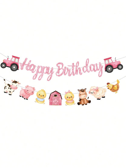 1 Set Farm Animal Theme Happy Birthday Banner, Birthday Party Pennant, 1st Birthday Party Background Decor, Girl Birthday Party Supplies, Baby Shower Party Hanging Decor, Newborn Party Wall Decor, Bir