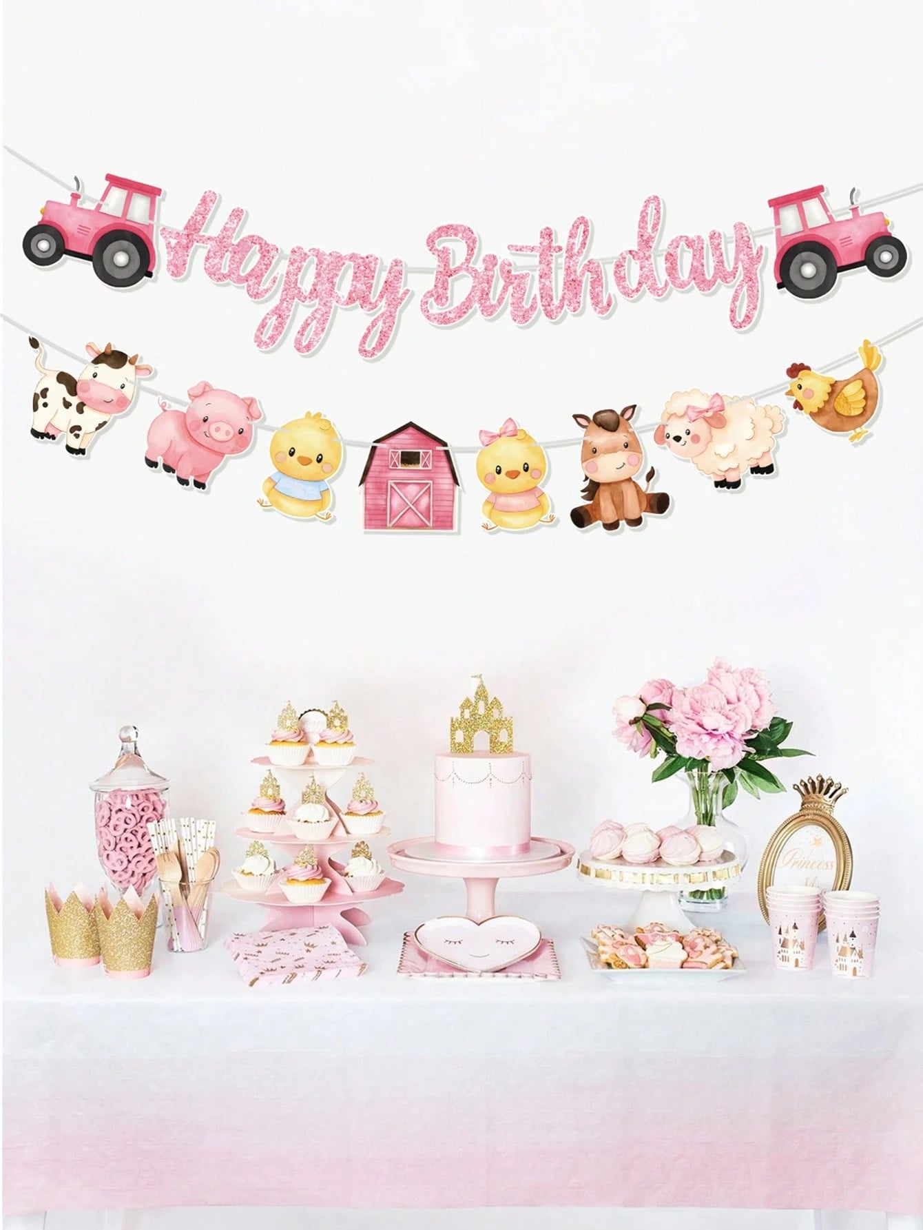1 Set Farm Animal Theme Happy Birthday Banner, Birthday Party Pennant, 1st Birthday Party Background Decor, Girl Birthday Party Supplies, Baby Shower Party Hanging Decor, Newborn Party Wall Decor, Bir