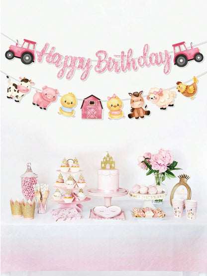 1 Set Farm Animal Theme Happy Birthday Banner, Birthday Party Pennant, 1st Birthday Party Background Decor, Girl Birthday Party Supplies, Baby Shower Party Hanging Decor, Newborn Party Wall Decor, Bir