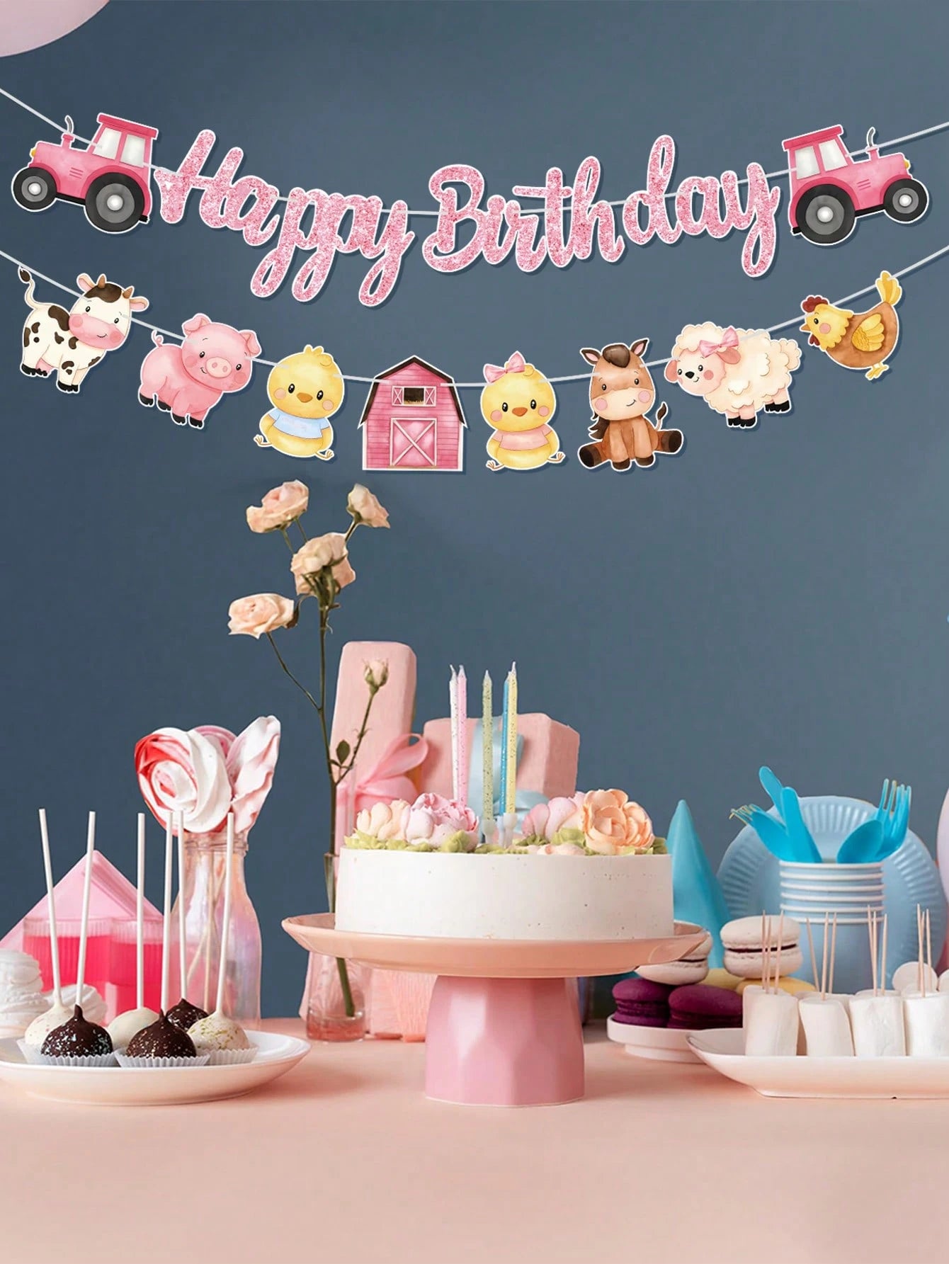 1 Set Farm Animal Theme Happy Birthday Banner, Birthday Party Pennant, 1st Birthday Party Background Decor, Girl Birthday Party Supplies, Baby Shower Party Hanging Decor, Newborn Party Wall Decor, Bir