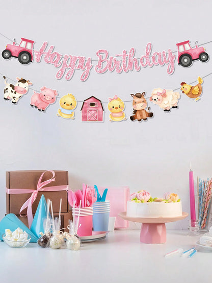 1 Set Farm Animal Theme Happy Birthday Banner, Birthday Party Pennant, 1st Birthday Party Background Decor, Girl Birthday Party Supplies, Baby Shower Party Hanging Decor, Newborn Party Wall Decor, Bir